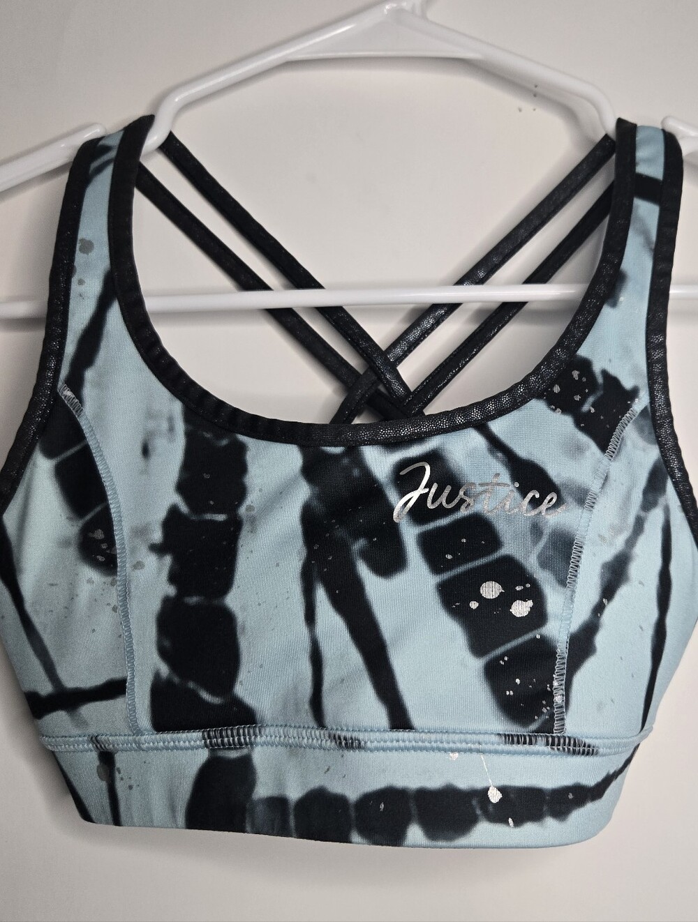 Justice Girls Blue Tie-Dye Sports Bra Light Blue/Black Reversible Gynastics XS